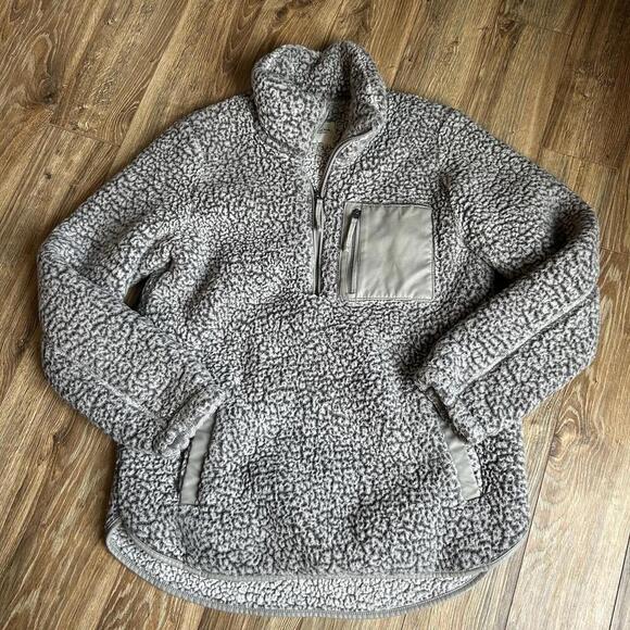Abercrombie & Fitch Gray Soft Sherpa Vegan Leather Trim Quarter Zip Women’s L - Picture 3 of 9